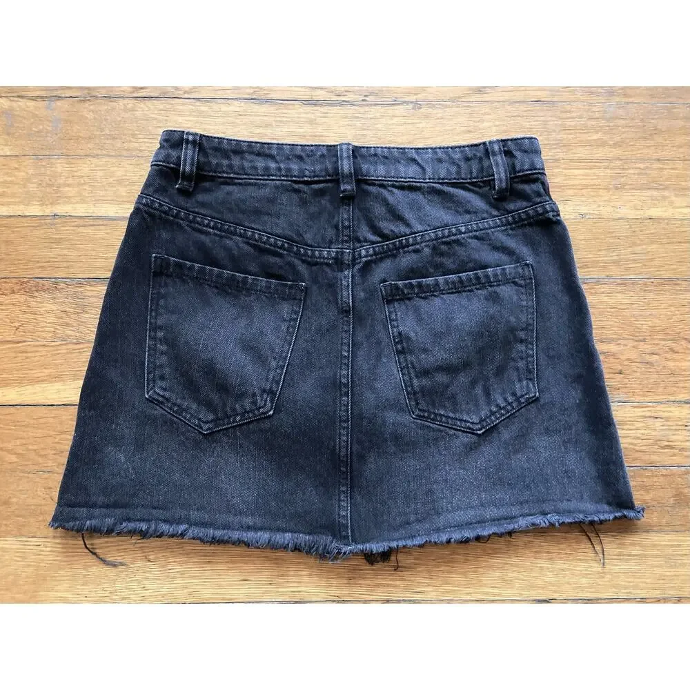 FREE PEOPLE Black Distressed Full Zip Denim Skirt sz 26